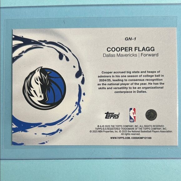 2025-26 Topps Generation Now Dallas Mavericks Cooper Flagg RC #GN-1 - Picture 2 of 2